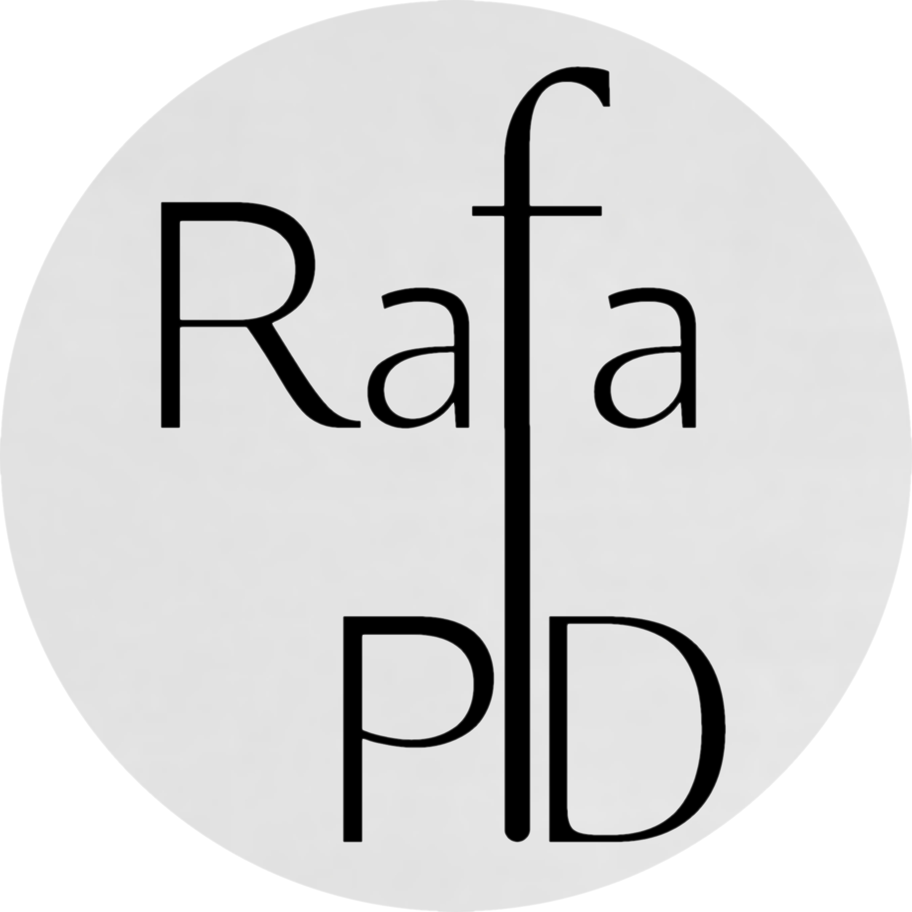 Logo circular de Rafa Peinado Díaz, fondo gris letras negras que dicen Rafa P D
